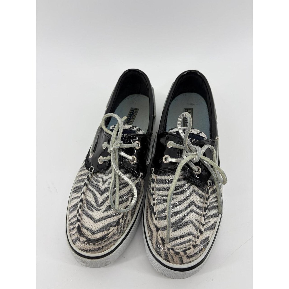 Sperry Top Sider, Black White Zebra Print Sequins Boat Shoes, Women 7